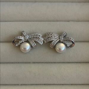 Edgy Bow Pearl Earrings, Gold Filled Crystal Design, High Luster Pearls